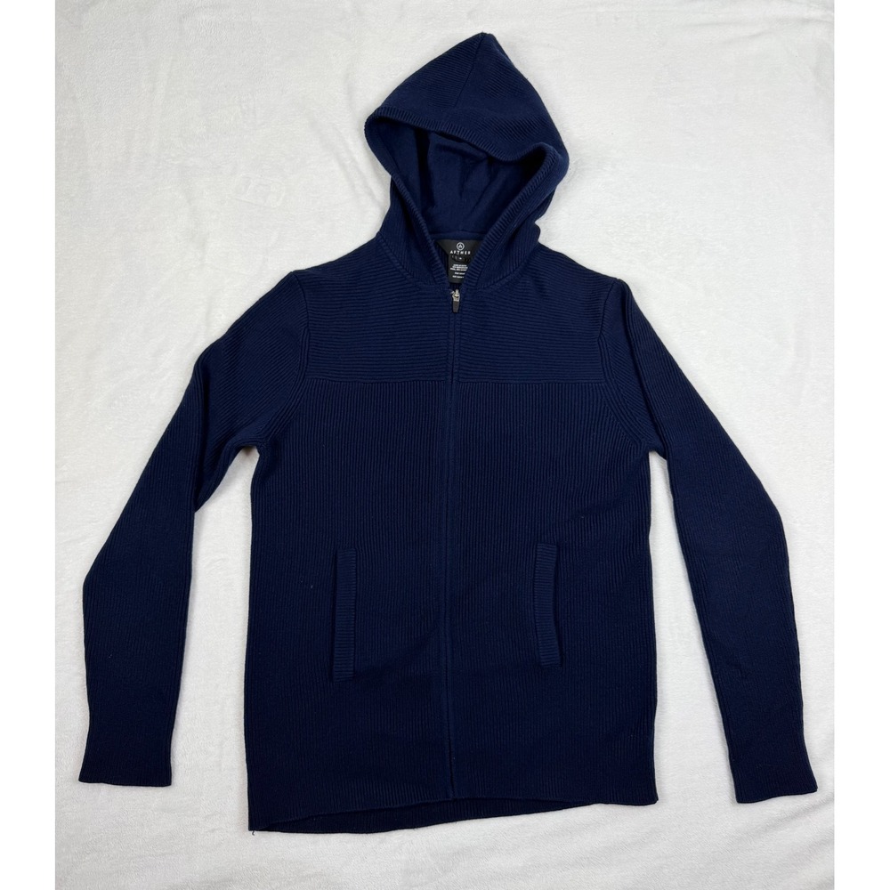 Aether Mens Navy Mercerized Wool Cashmere Full Zip Ribbed Knit Hoodie Size 4